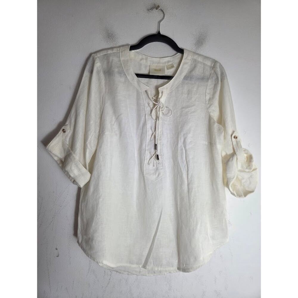 Maeve Anthropologie Off White Tie Lace V-Neck 100% Linen Blouse size 8